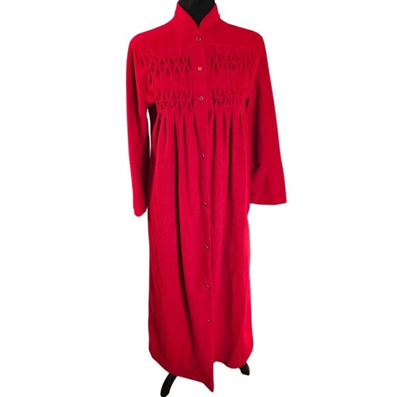 Vintage Red Maxi Nightgown or Robe With Smocked Bodice & Snap Buttons - Picture 1 of 8